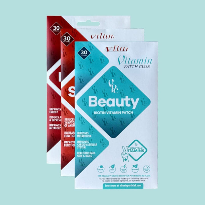 Vitamin patch packaging with 'Beauty' label on a light blue background