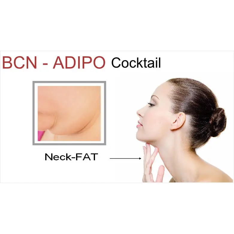 Adipo Body Shaping Institute BCN Mesotherapy Serum picture of Double Chin Cellulite Remover Serum.  Mujer mostrando papada para usar Reductor de cellulitis Adipo.  Dermishop