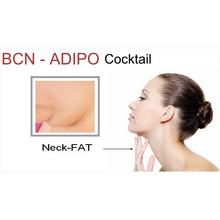 Adipo Body Shaping Institute BCN Mesotherapy Serum picture of Double Chin Cellulite Remover Serum.  Mujer mostrando papada para usar Reductor de cellulitis Adipo.  Dermishop