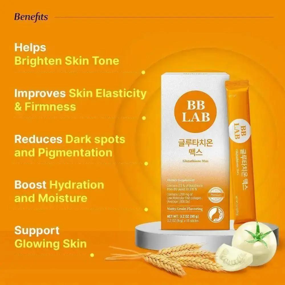 BB LAB skincare product with benefits listed on an orange background