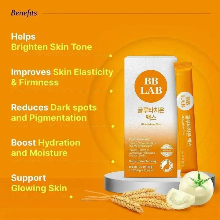 BB LAB skincare product with benefits listed on an orange background