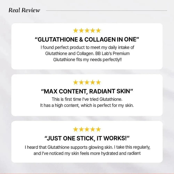 Product reviews for Glutathione and Collagen with positive feedback on skin health and hydration.