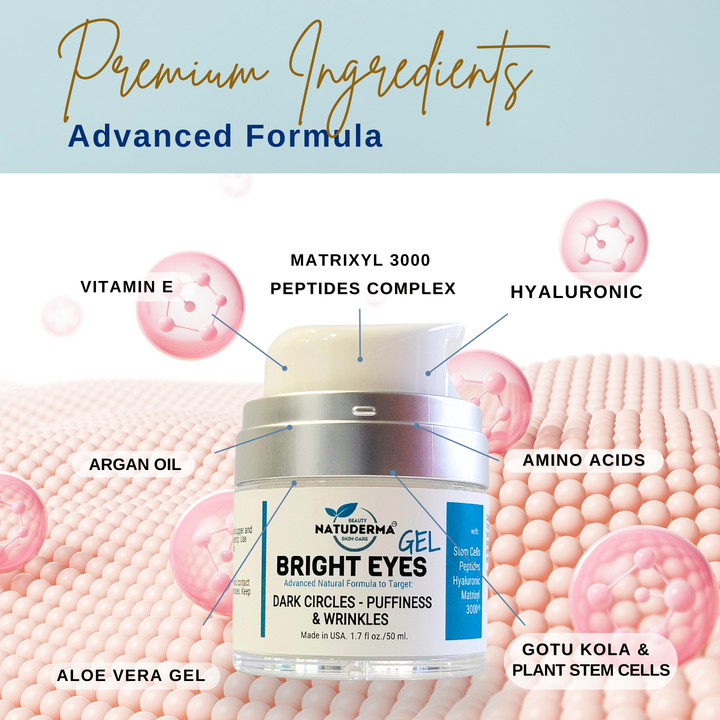 Face moisturizer for dark circles, puffiness and wrinkles with  Vitamin C, Hyaluronic Acid, Cica, o Gotu Kola, and Collagen Peptides, Made in USA, Bright Eye Gel by Natuderma.