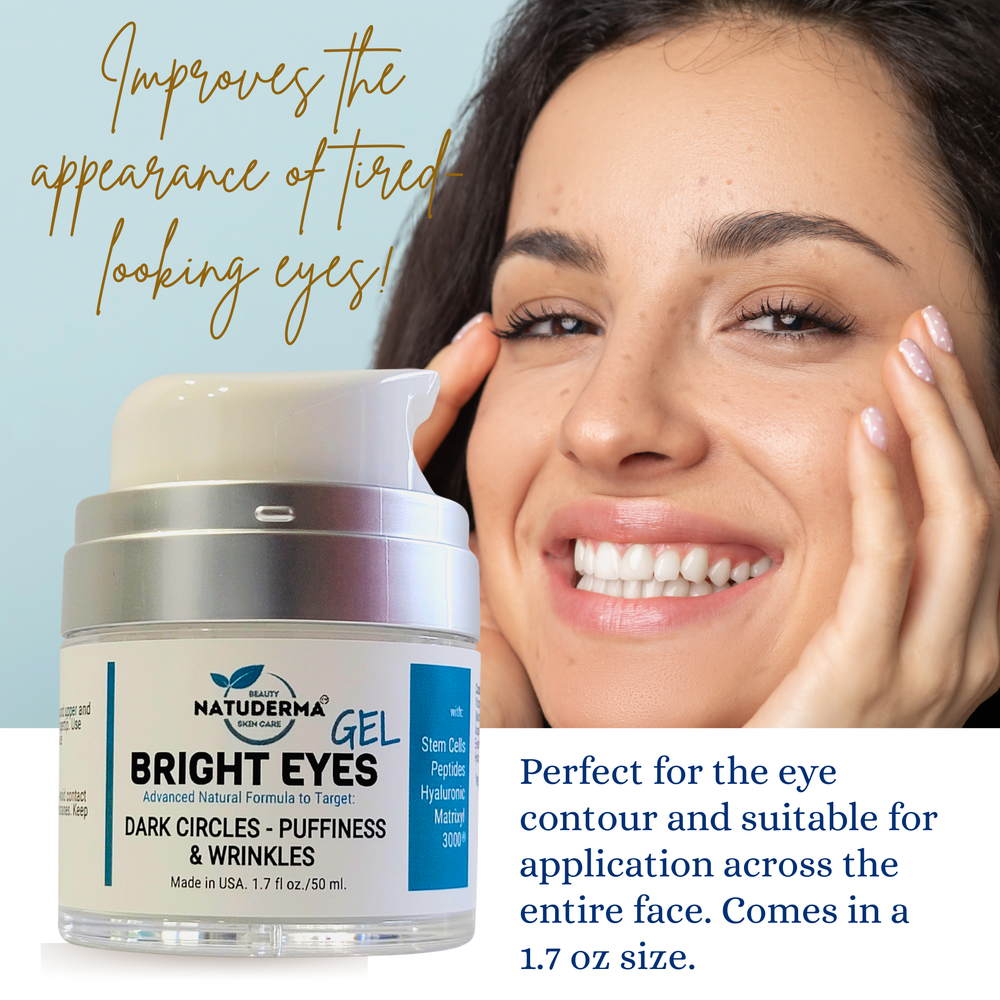 Face moisturizer for dark circles, puffiness and wrinkles Bright Eye Gel by Natuderma 1.7oz,showing woman smiling.