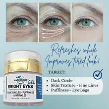 Face moisturizer for dark circles, eye bags and, wrinkles. Vitamin C, Hyaluronic Acid, Collagen Peptides Gel Cream. Made in USA. Bright Eye Gel by Natuderma.