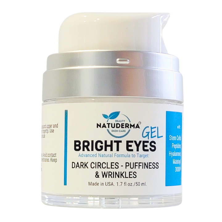 Open Pump Jar of 1.7 oz of Face moisturizer for dark circles, puffiness and wrinkles, Made in USA, Bright Eye Gel by Natuderma.