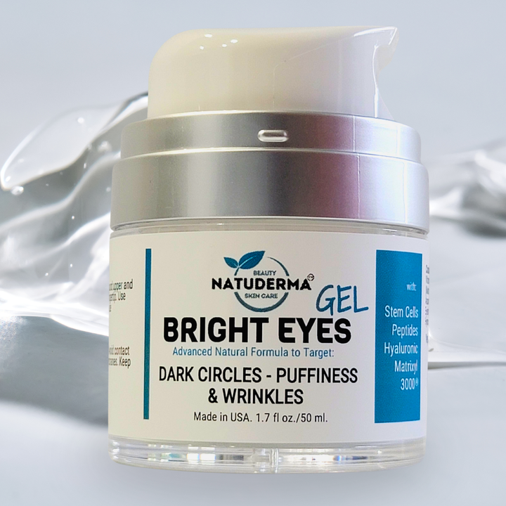 Open Pump Jar of 1.7 oz of Face moisturizer for dark circles, puffiness and wrinkles, Made in USA, Bright Eye Gel by Natuderma, back showing gelly texture of cream.