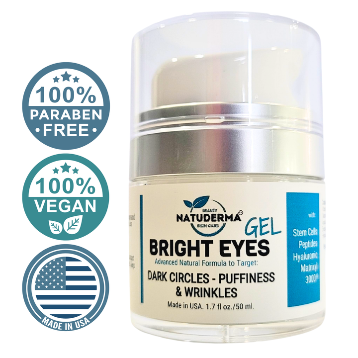  Face moisturizer Jar of 1.7 oz for dark circles, puffiness and wrinkles, Bright Eye Gel by Natuderma, saying s 100% paraben free, 100% vegan and made in USA.