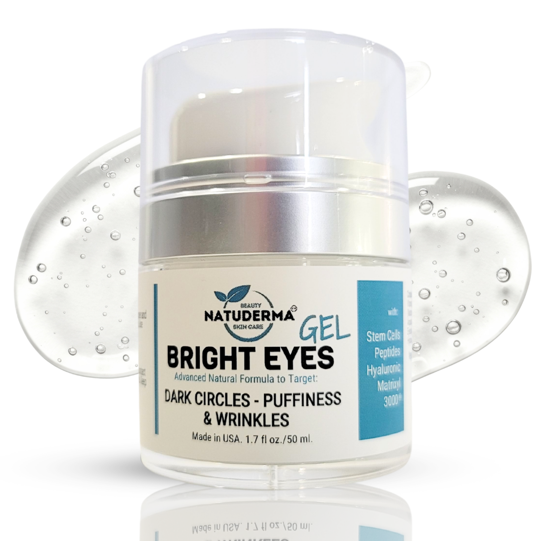Natuderma Bright Eyes gel, dark circle and puffiness cream jar on a clear gel background