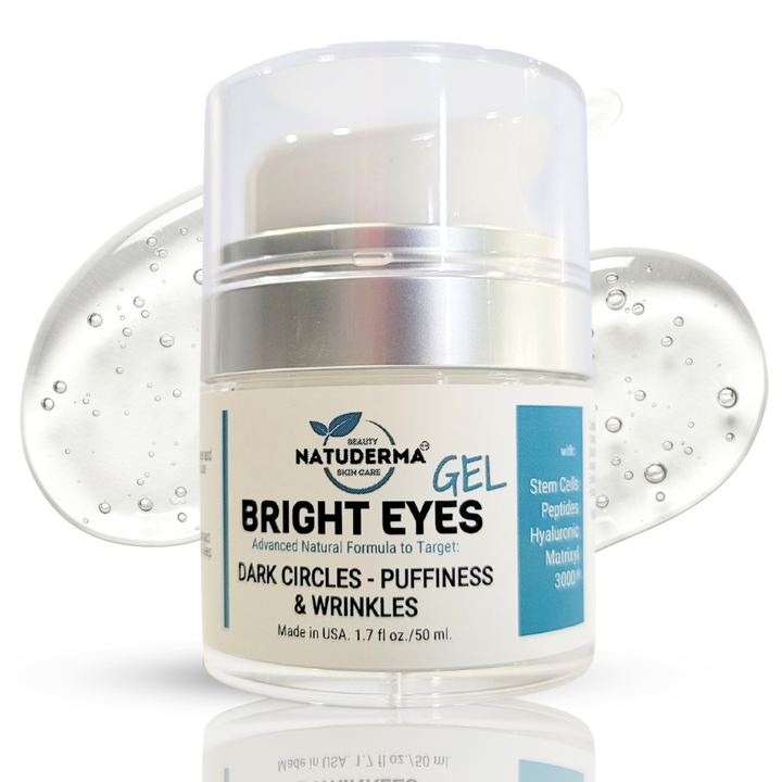 Natuderma Bright Eyes gel, dark circle and puffiness cream jar on a clear gel background