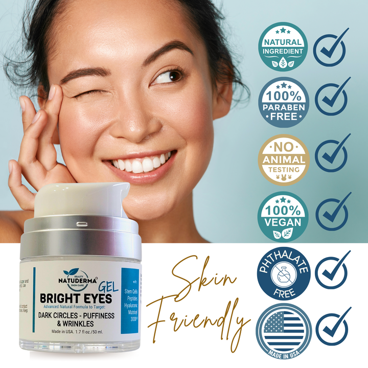 Face moisturizer for dark circles, puffiness and wrinkles with  paraben free, natural ingredients, vegan,  Made in USA, Bright Eye Gel by Natuderma, showing glowing women face.