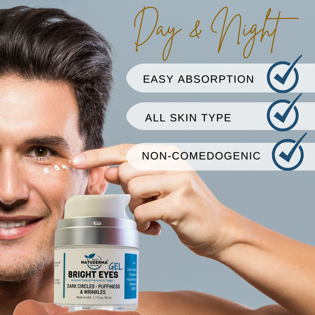 Men applying a Face moisturizer for dark circles, puffiness and wrinkles Bright Eye Gel by Natuderma, say : easy absorption, non comedogenic, all skin type.