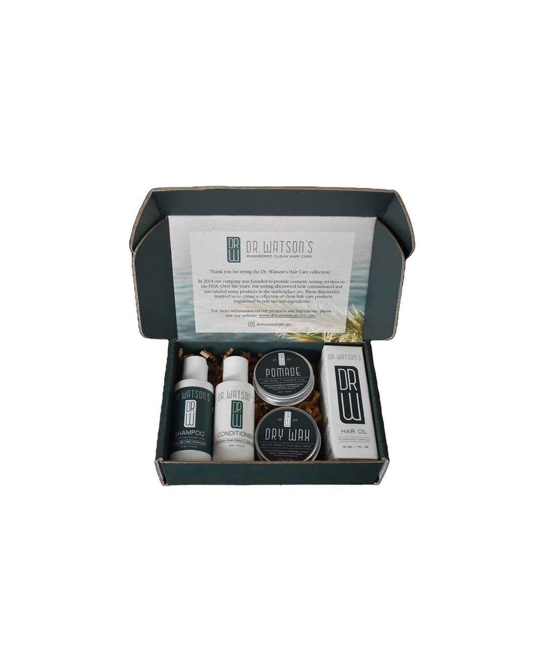 Set of grooming products in a box with visible branding on a white background