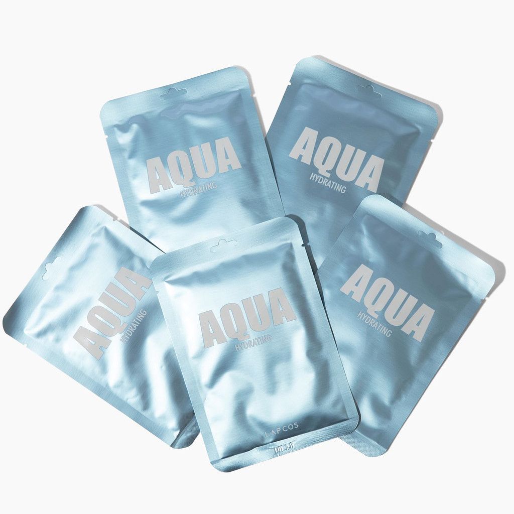 Five blue 'Aqua' branded packages on a white background