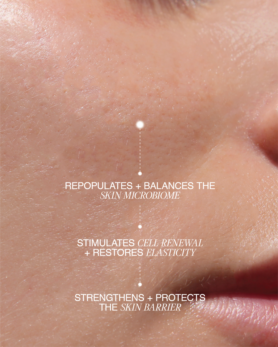 Close-up of skin with text highlighting skin care benefits
