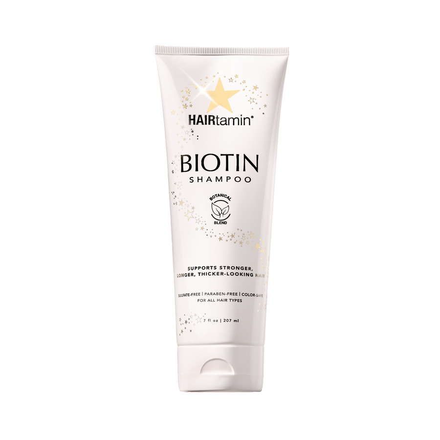 Botanical Biotin shampoo, brand Hairtamin, 7 oz tube in white background 