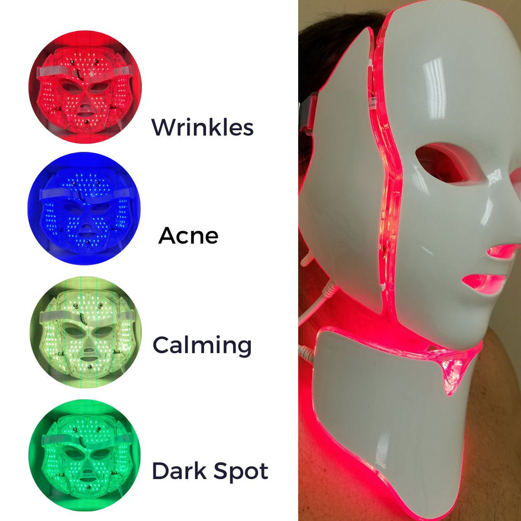 Led mask for wrinkles, acne, calming and dark spot, showing 4 colors of  the led mask,  Faceluz,  a professional led light therapy mask.