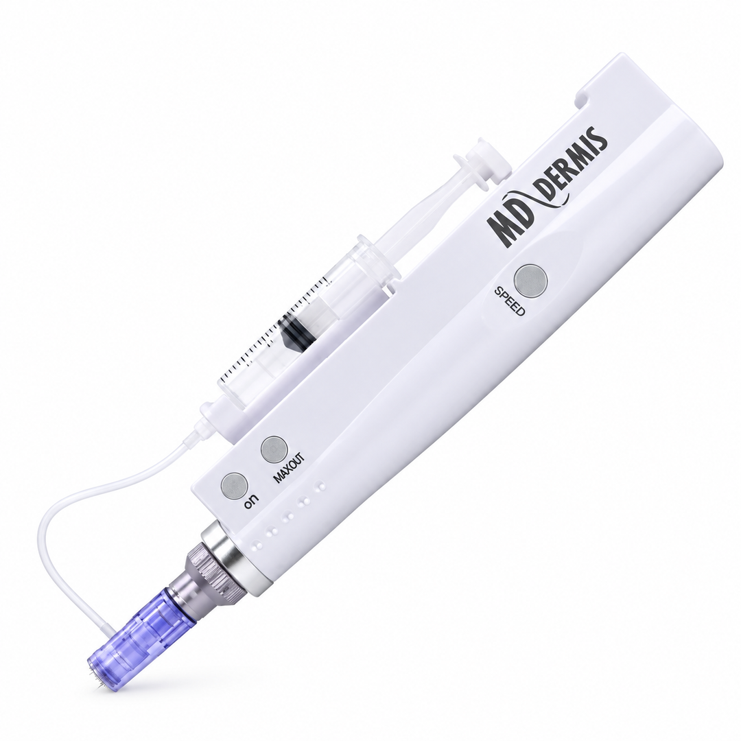 A white MD DERMIS microneedling pen with self serum dispenser and cartridge and clear connecting tube.