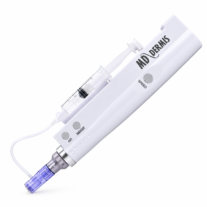 A white MD DERMIS microneedling pen with self serum dispenser and cartridge and clear connecting tube.