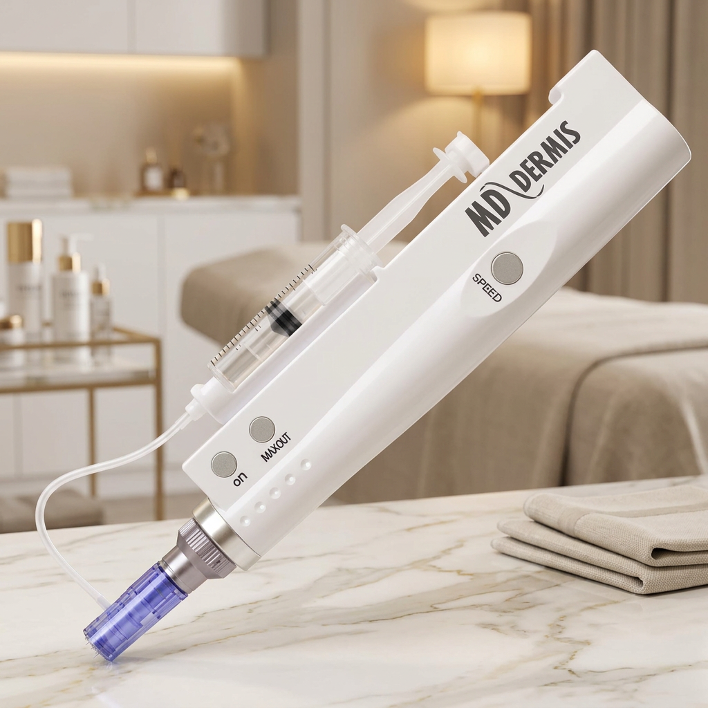 MD DERMIS Microneedling Pen , resting on a marble countertop in a softly lit spa or treatment room setting.