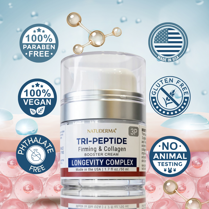 Natuderma Firming Cream, Skincare cream jar with certification logos on a decorative background