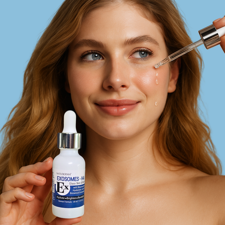 Natuderma exosomes face serum, on beautiful woman with glass skin