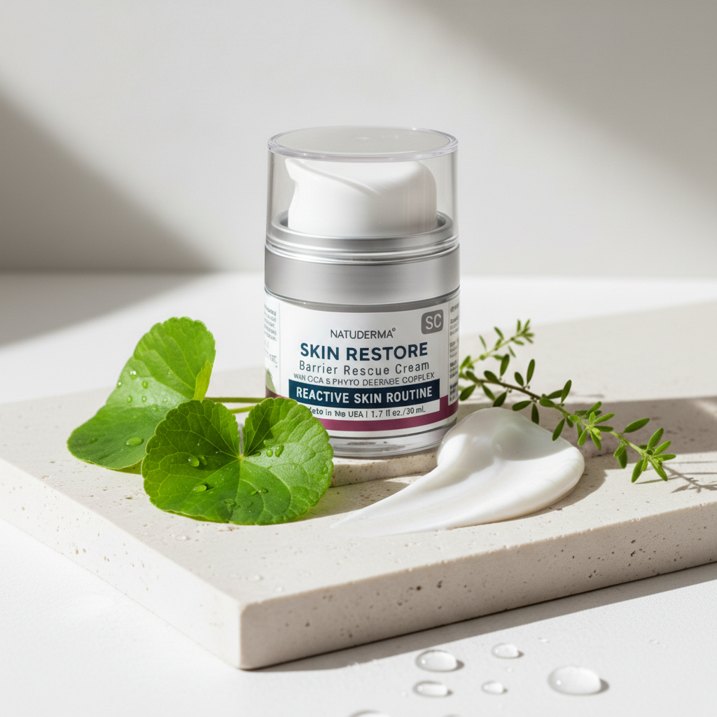 Natuderma Skin Restore Barrier Rescue Cream on a white surface with green leaves