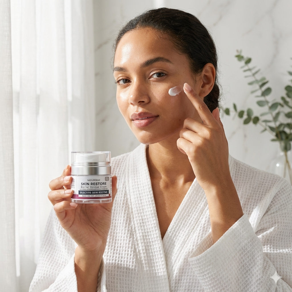 Woman applying cream to her face with a jar, called Natuderma Skin Restore, in a bright room.