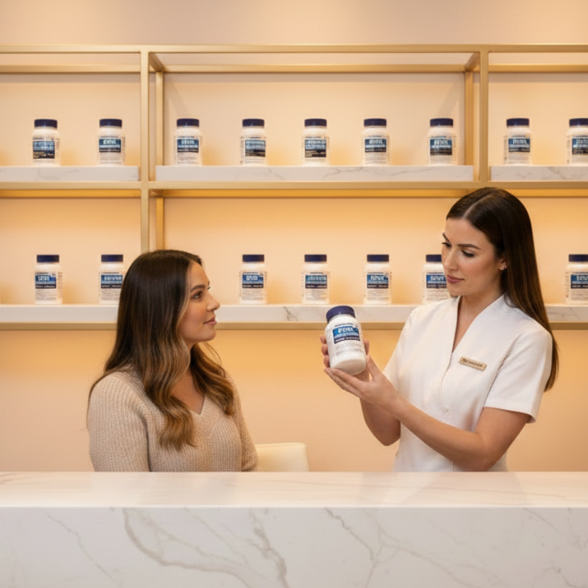 An esthetician holds a Natuderma supplement bottle while talking to a client at a marble reception desk, with shelves of various bottles of Natuderma Supplement mounted on the wall behind them.