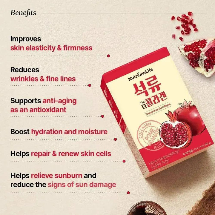 Collagen and Hyaluronic Acid with Pomegranate Supplement product packaging with benefits listed on a beige background