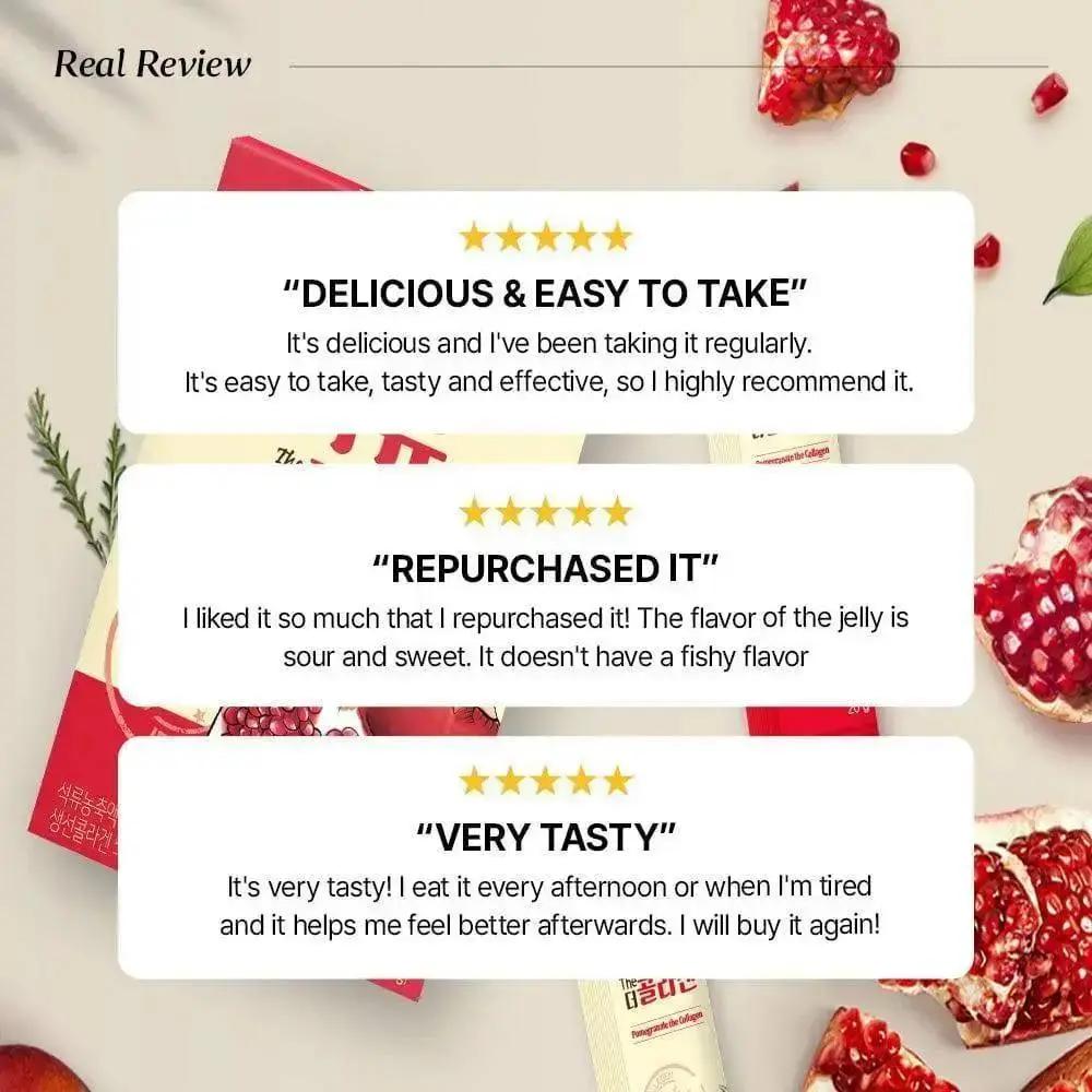 Product packaging with customer reviews and pomegranate slices on a light background