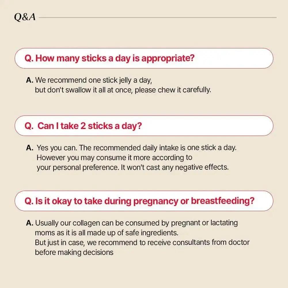 Collagen stick supplement information with questions and answers on a beige background