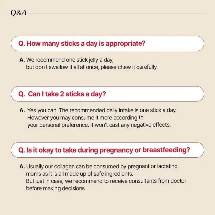 Collagen stick supplement information with questions and answers on a beige background