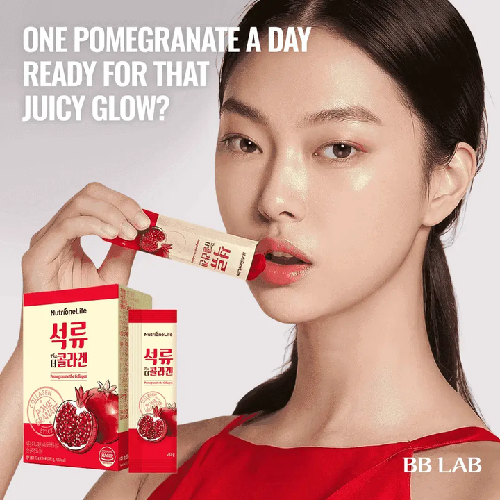 K-beauty Woman holding a pomegranate juice stick with text about daily consumption for a 'juicy glow'.