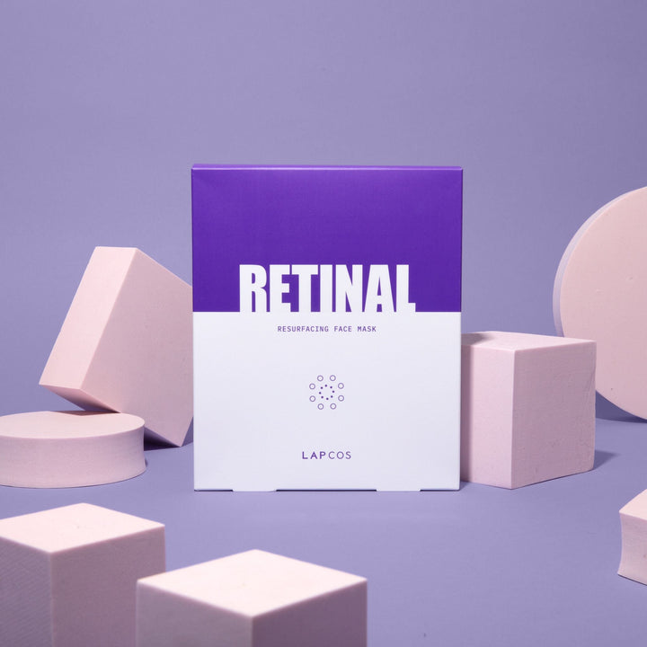 LAPCOS Retinal resurfacing face mask packaging on a purple background with geometric shapes.