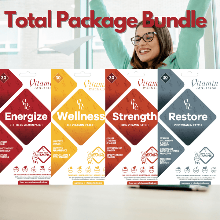 Total Package Bundle of Vitamin Patch Club products with a woman in the background.
