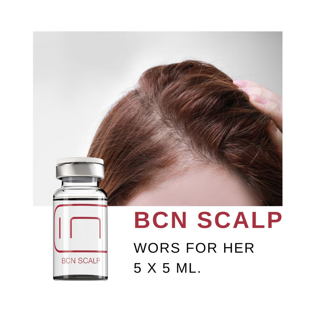 Hair Growth serum  from Institute BCN with Women scalp. Foto de mujer que indica donde aplicar Mesoterapia para caida del cabello de Institute BCN