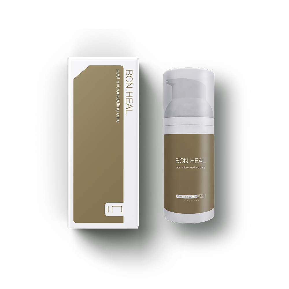BCN HEAL Post-Microneedling Cream in an airless pump bottle, with packaging featuring the product name and brand.