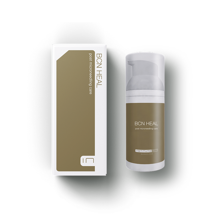 BCN HEAL Post-Microneedling Cream in an airless pump bottle, with packaging featuring the product name and brand.