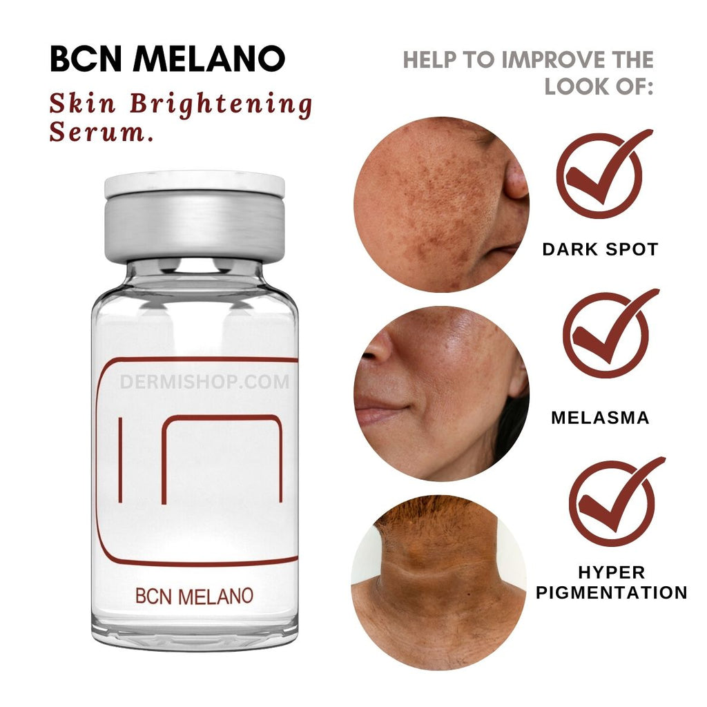 BCN Melano is a Brightening Vitamin C Serum, 5 vials of 5ml each, with Vitamin C, Glutha600, Glycolic, Kojic, and Citric Acids. Use BCN MELANO to target dark spot, uneven skin color, black spot or melasma.