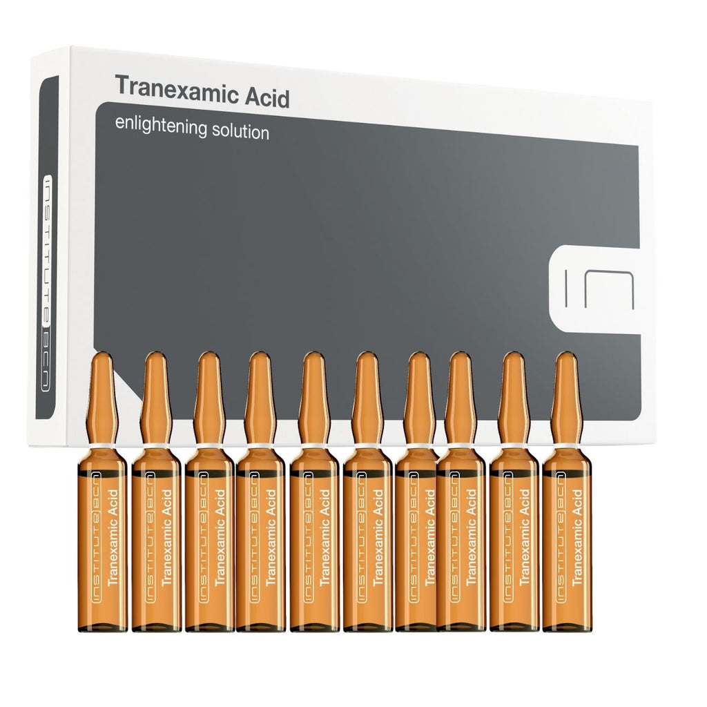 BCN Tranexamic Acid Skin Brightening Serum, with Tranexamic Acid to target dark spot, uneven skin color, black spot and melasma. Made in Spain  by Institute BCN 10 ampoules of 2ml each.