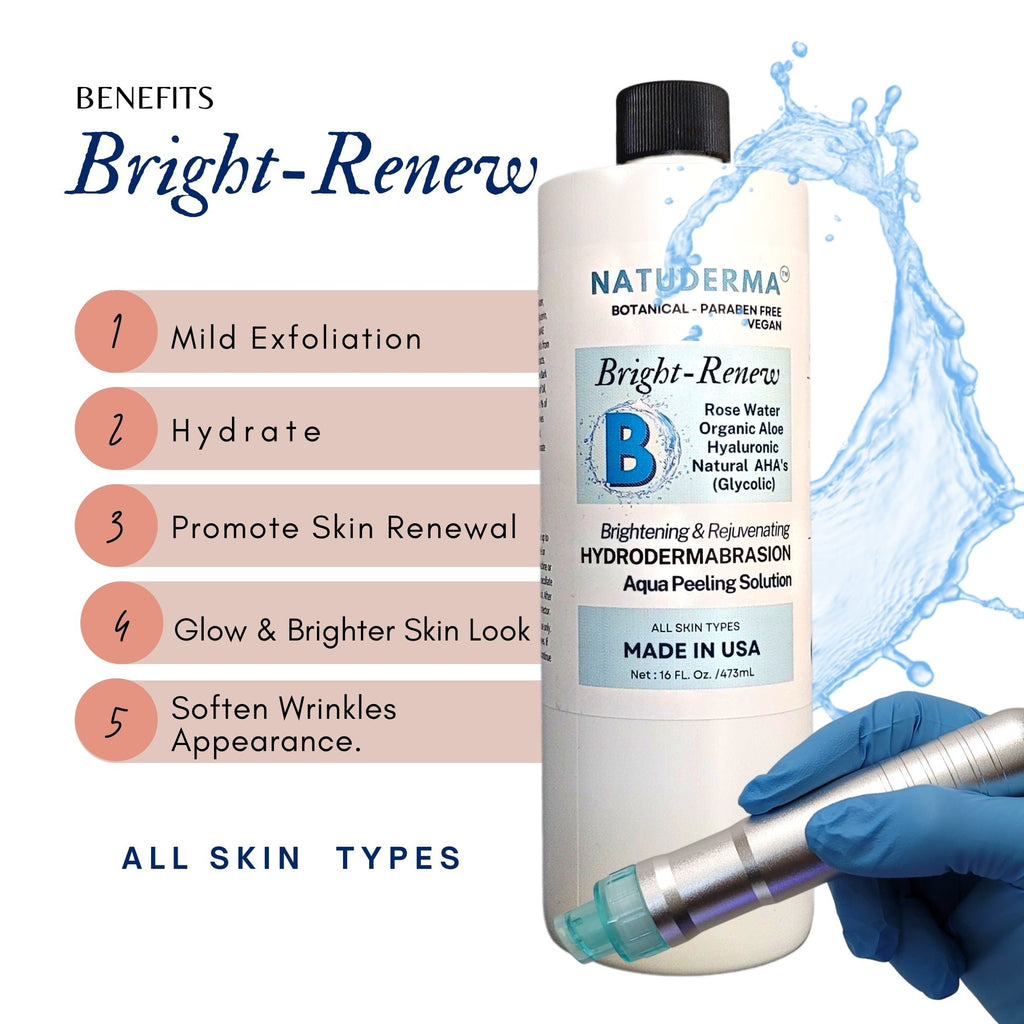Hydrodermabrasion Solution to use as Hydrafacial serum with any hydrafacial machine or any hydrodermabrasion or aquapeeling machine. Hydra facial serum Brightrenew made in USA by Natuderma.