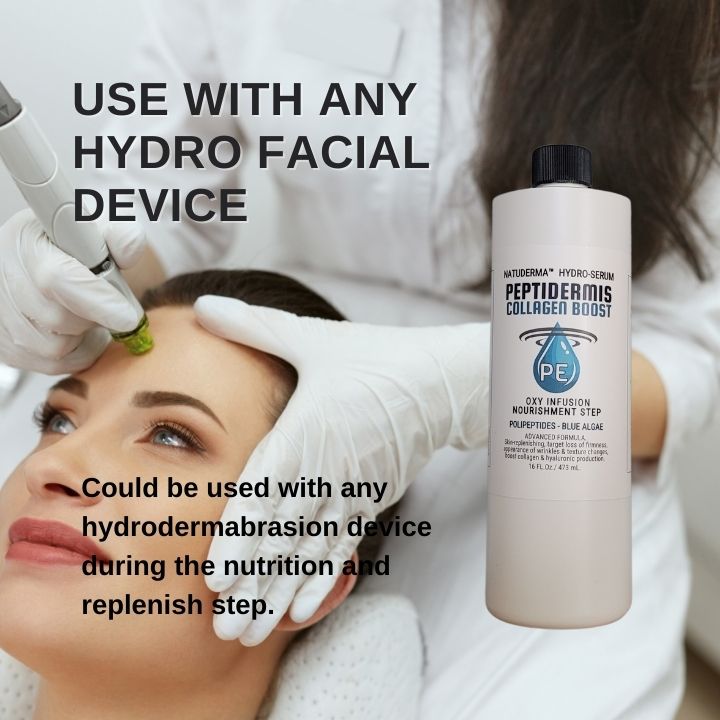 Hydrodermabrasion serum used with a hydrodermabrasion machine on woman face, Peptidermis with Hyaluronic Acid and Peptides.