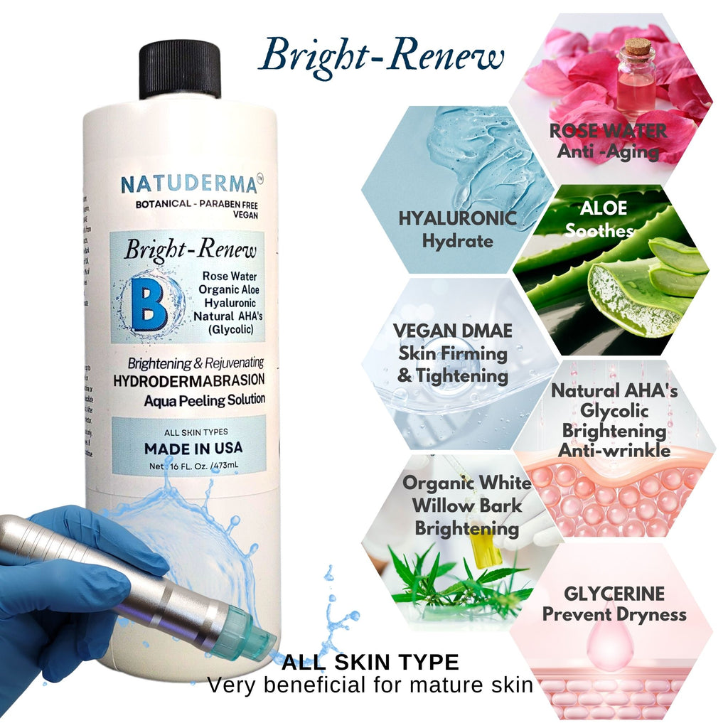 Natuderma Hydrodermabrasion Solution, Brightening serum to use with Hydrafacial or hydrodermabrasion machine, with rose water, hyaluronic acid, glycolic and aloe, made in USA.