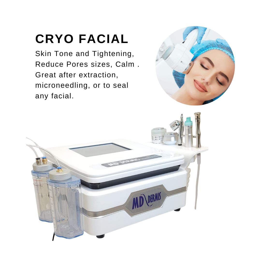 Hydrodermabrasion machine with cryo cooling handle for soothing, pore tightening, redness reduction, and skin rejuvenation post-treatment.