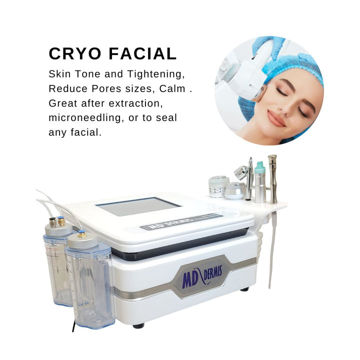 Hydrodermabrasion machine with cryo cooling handle for soothing, pore tightening, redness reduction, and skin rejuvenation post-treatment.