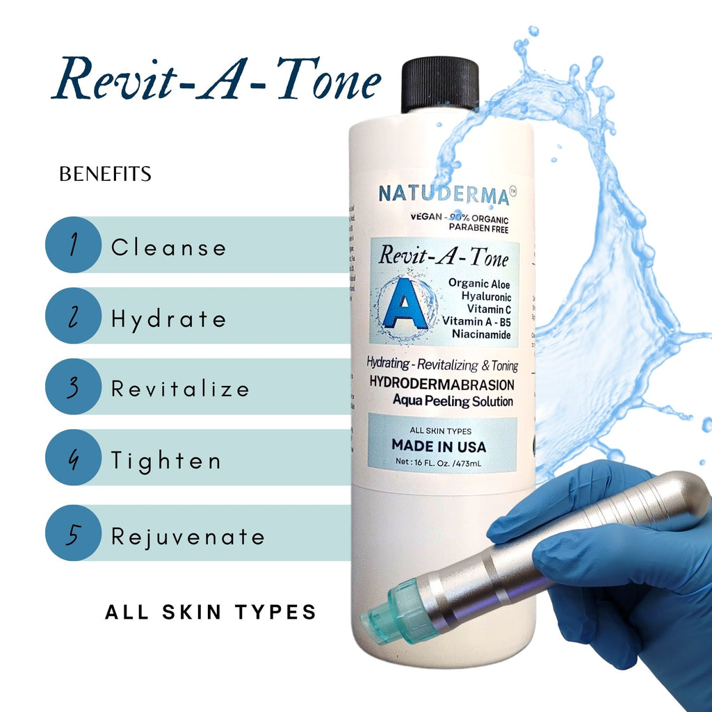 Hydrodermabrasion Solution to use as Hydrafacial serum with any hydrafacial machine or any hydrodermabrasion or aquapeeling machine. Hydra facial serum Revitatone made in USA by Natuderma.