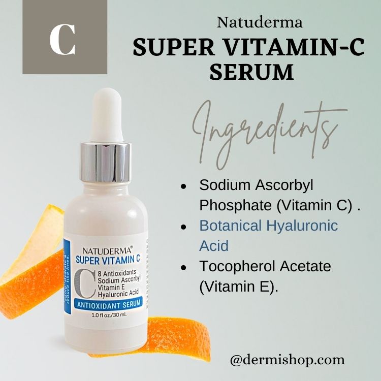 Vegan Vitamin C Serum, Vitamin C serum for face with Botanical Hyaluronic Acid and Vitamin E. Natuderma Skin Care Products.
