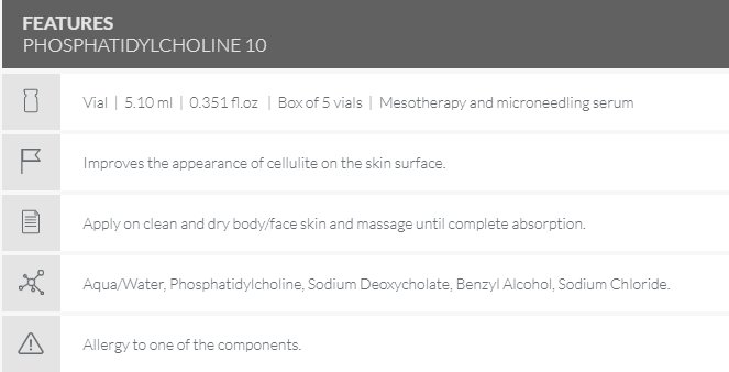 Phospha Tidylcholine Institute BCN Mesotherapy Serum Body Contouring box 5 vials features.