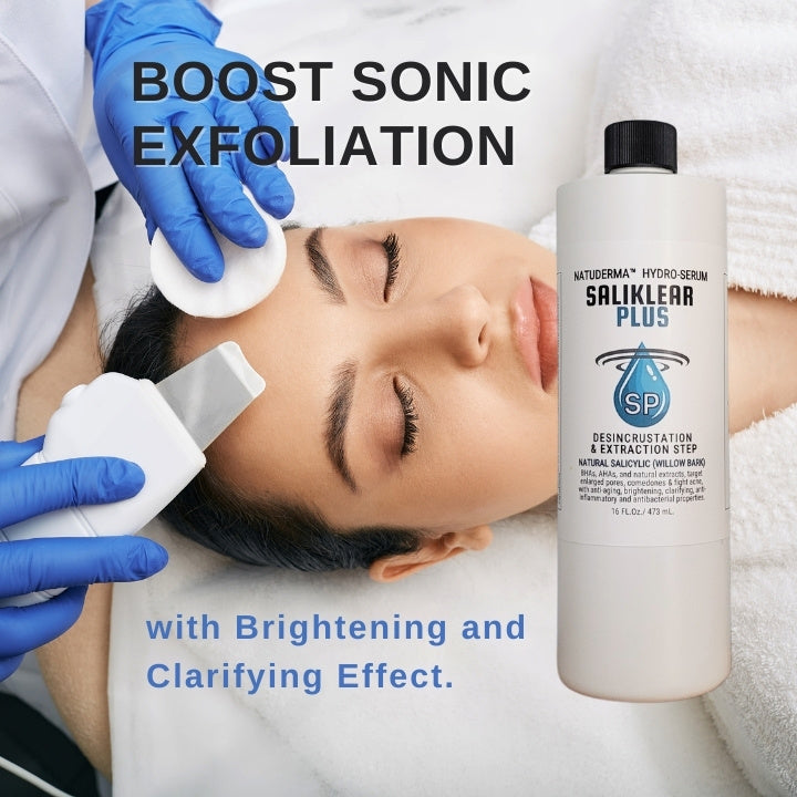 Hydro dermabrasion solution to use with hydrodermabrasion or hydra facial machines, Sonic exfoliation serum Saliklear Plus by Natuderma.